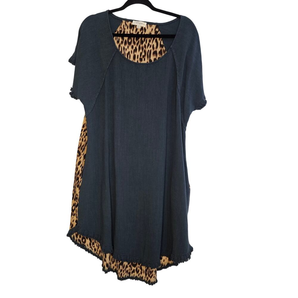 Umgee Plus Linen Green Leopard animal print Hi-low shift dress size 2XL
